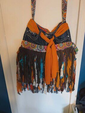 Handmade Blue Jean Fringe Rag Bag Crossbody